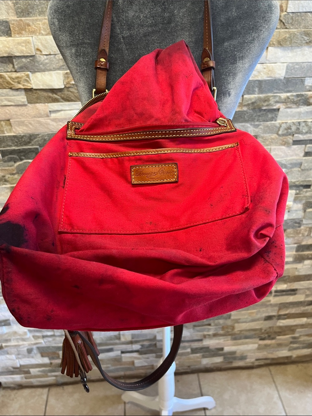 Dooney & Bourke Brown Ostrich-Embossed Leather Tote with Tassel - Picture 12 of 16